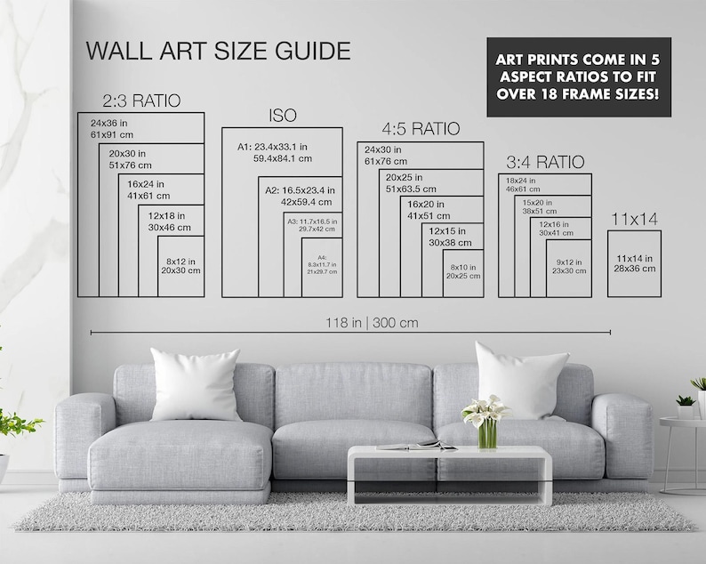 Peut inclure: Guide des tailles d'art mural avec dimensions en pouces et centim&egrave;tres. Comprend les ratios 2:3, ISO, 4:5 et 3:4, ainsi que 11x14. Les tailles affich&eacute;es incluent 24x36 in (61x91 cm) et A1: 23.4x33.1 in (59.4x84.1 cm). Texte : "Les tirages d'art sont disponibles en 5 formats pour plus de 18 tailles de cadres !"