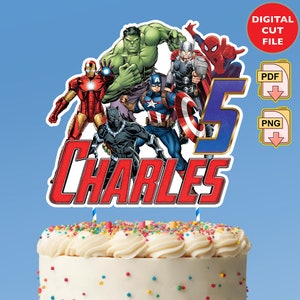 Adorno para tarta de superhéroe personalizado de Los Vengadores, tarta de fiesta de superhéroes personalizada, fiesta de cumpleaños de Los Vengadores, imprimible de cumpleaños de Los Vengadores