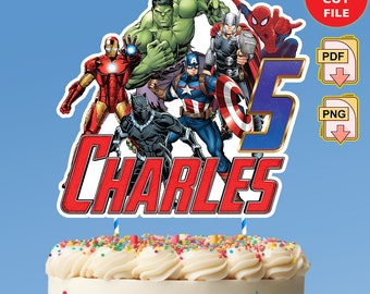 Adorno para tarta de superhéroe personalizado de Los Vengadores, tarta de fiesta de superhéroes personalizada, fiesta de cumpleaños de Los Vengadores, imprimible de cumpleaños de Los Vengadores