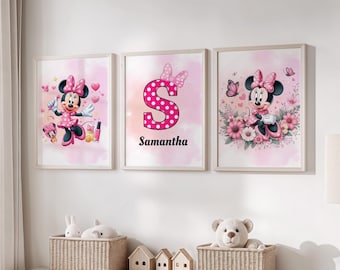 Lot de 3 impressions murales personnalisées Minnie Mouse pour chambre d'enfant, panneau de nom personnalisé, décoration de chambre de fille à imprimer