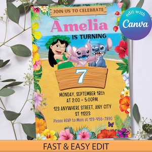 Stitch Editable Birthday Invitation Template, Lilo Stitch Angel Birthday Party Invitation, Printable Birthday Party Invitations