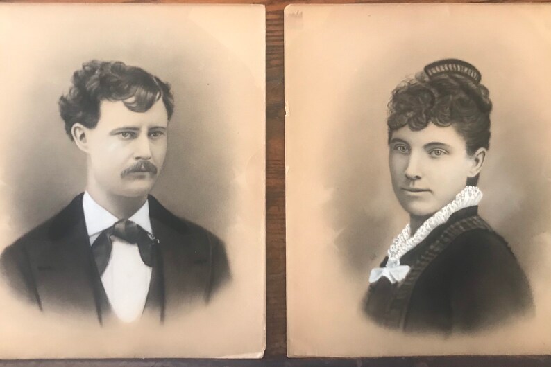 two charcoal drawings 12\u201d x 10\u201d Portraits of a Very Handsome Victorian Couple