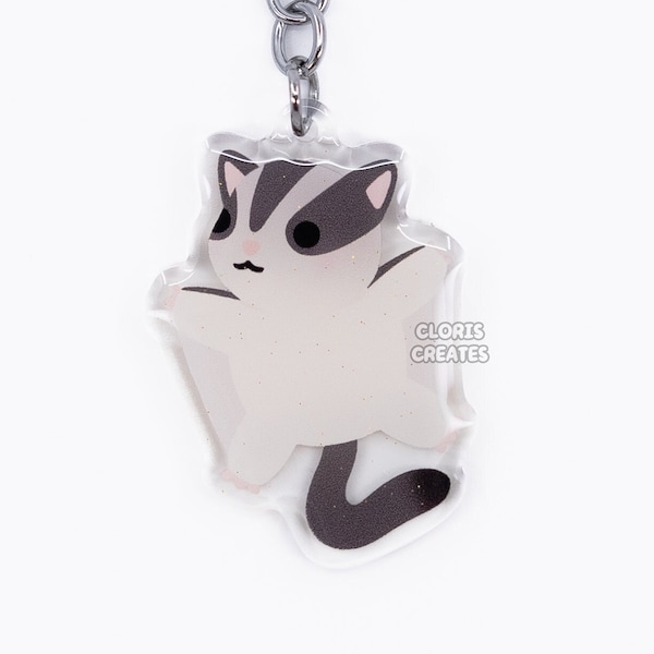 Gray Sugar Glider Acrylic Exotic Pet Keychain | Cartoon Chibi Art Double-Sided Glitter Epoxy Charm | Kawaii Cute Critter Animal Lover Gift