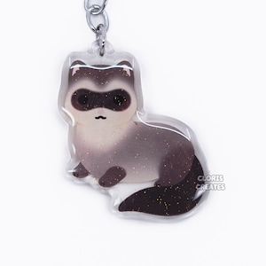 Sable Ferret Acrylic Exotic Pet Keychain | Cartoon Chibi Art Double-Sided Glitter Epoxy Charm | Kawaii Cute Weasel Mink Animal Lover Gift