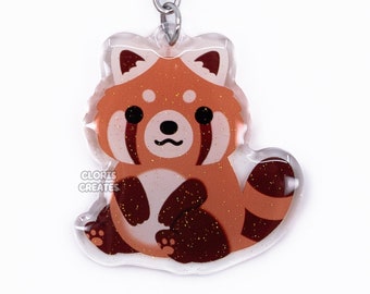 Red Panda Acrylic Glitter Keychain | Kawaii Chibi Wild Animal Lover Art Charm | Cute Cartoon Safari Zoo Souvenir Wildlife Keyring Gift