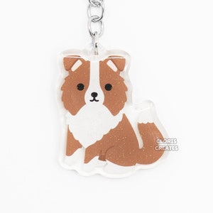 Red Border Collie Acrylic Dog Breed Keychain | Cartoon Kawaii Art Puppy Glitter Charm | Chibi Cute Animal Lover Pet Loss Memorial Gift