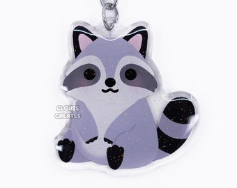 Raccoon Acrylic Glitter Keychain | Kawaii Chibi Wild Animal Lover Art Charm | Cute Cartoon Safari Zoo Souvenir Wildlife Keyring Gift