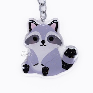 Raccoon Acrylic Glitter Keychain | Kawaii Chibi Wild Animal Lover Art Charm | Cute Cartoon Safari Zoo Souvenir Wildlife Keyring Gift