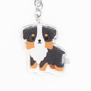 Black Tri Australian Shepherd Aussie Acrylic Dog Breed Keychain | Cartoon Kawaii Art Puppy Lover Glitter Charm | Chibi Cute Pet Loss Gift