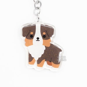 Red Tri Australian Shepherd Aussie Acrylic Dog Breed Keychain | Cartoon Kawaii Art Puppy Lover Glitter Charm | Chibi Cute Pet Loss Gift