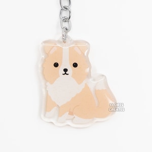 Gold Border Collie Acrylic Dog Breed Keychain | Cartoon Kawaii Art Puppy Glitter Charm | Chibi Cute Animal Lover Pet Loss Memorial Gift