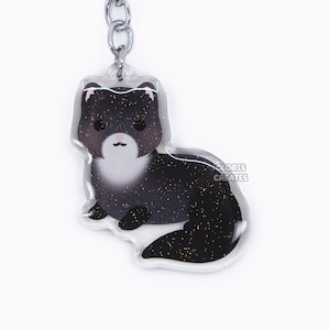 Black Ferret Acrylic Exotic Pet Keychain | Cartoon Chibi Art Double-Sided Glitter Epoxy Charm | Kawaii Cute Weasel Mink Animal Lover Gift
