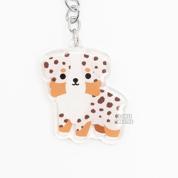 Porte-clés acrylique Aussie rouge merle de race de chien de berger australien | Art Kawaii de dessin animé à paillettes pour amoureux des chiots | Cadeau de perte d'animal de compagnie mignon Chibi