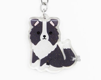 Black Border Collie Acrylic Dog Breed Keychain | Cartoon Kawaii Art Puppy Glitter Charm | Chibi Cute Animal Lover Pet Loss Memorial Gift