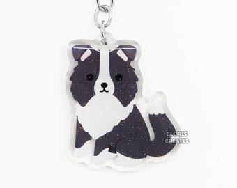 Porte-clés noir de race de chien en acrylique Border Collie | de dessin animé Art Kawaii à paillettes pour chiot | Cadeau commémoratif chibi pour amoureux des animaux, perte d'un animal de compagnie