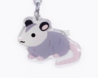 Opossum Acrylic Wildlife Keychain | Cartoon Chibi Art Double-Sided Glitter Epoxy Charm | Kawaii Cute Marsupial Exotic Animal Lover Gift