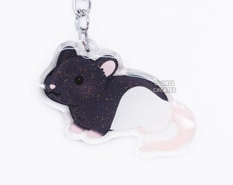 Black Hooded Fancy Rat Acrylic Pet Breed Keychain | Cartoon Kawaii Double-Sided Epoxy Rodent Glitter Charm | Chibi Cute Animal Lover Gift