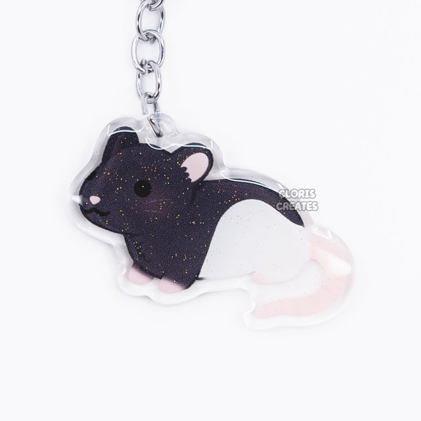 Black Hooded Fancy Rat Acrylic Pet Breed Keychain | Cartoon Kawaii Double-Sided Epoxy Rodent Glitter Charm | Chibi Cute Animal Lover Gift