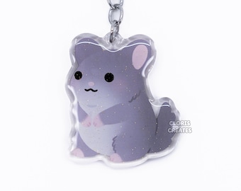 Gray Chinchilla Acrylic Pet Breed Keychain | Cartoon Kawaii Rodent Glitter Keyring Charm | Chibi Cute Animal Lover Pet Loss Memorial Gift