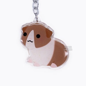 Red & White American Guinea Pig Acrylic Pet Keychain | Cartoon Kawaii Art Double-Sided Rodent Glitter Charm | Chibi Cute Animal Lover Gift