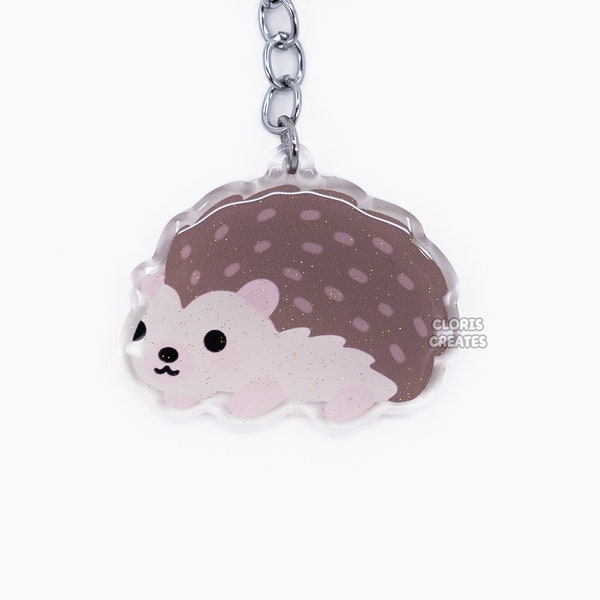 Brown Hedgehog Acrylic Pet Breed Keychain | Cartoon Chibi Animal Lover Art Glitter Charm | Kawaii Cute Pet Loss Memorial Hedgie Keyring Gift