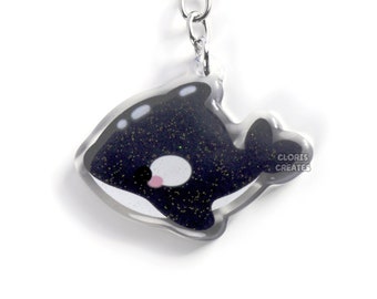 Orca Killer Whale Acrylic Glitter Keychain | Kawaii Chibi Marine Animal Glitter Charm | Cute Cartoon Sea Creature Souvenir Keyring Gift