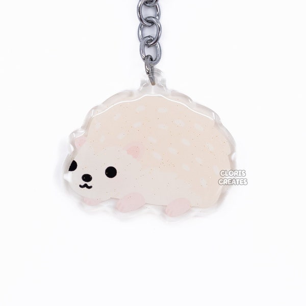Albino White Hedgehog Acrylic Pet Keychain | Cartoon Chibi Art Style Glitter Epoxy Charm | Kawaii Cute Animal Critter Lover Gift