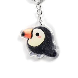 Llavero acrílico con purpurina de pájaro tucán toco / Amuleto artístico de animal salvaje kawaii chibi / Lindo llavero de safari de dibujos animados, recuerdo de zoológico, regalo de vida silvestre