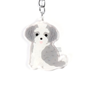 Gray & White Doodle Poodle Mixed Dog Breed Acrylic Keychain | Cartoon Kawaii Rescue Puppy Glitter Charm | Chibi Cute Pet Loss Memorial Gift