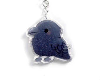 Raven Crow Corvid Bird Acrylic Glitter Keychain | Kawaii Chibi Wild Animal Lover Charm | Cute Cartoon Zoo Souvenir Wildlife Keyring Gift