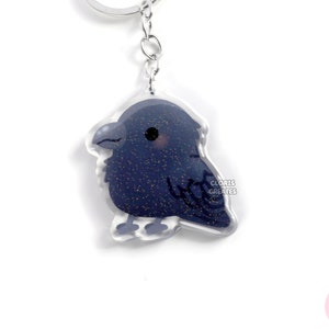 Raven Crow Corvid Bird Acrylic Glitter Keychain | Kawaii Chibi Wild Animal Lover Charm | Cute Cartoon Zoo Souvenir Wildlife Keyring Gift