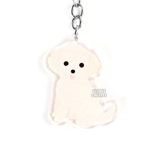 White Doodle Poodle Mixed Dog Breed Acrylic Keychain | Cartoon Kawaii Goldendoodle Rescue Puppy Glitter Charm | Chibi Cute Pet Memorial Gift