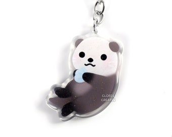 Sea Otter Acrylic Glitter Keychain | Kawaii Chibi Marine Animal Glitter Charm | Cute Cartoon Sea Creature Aquarium Souvenir Keyring Gift