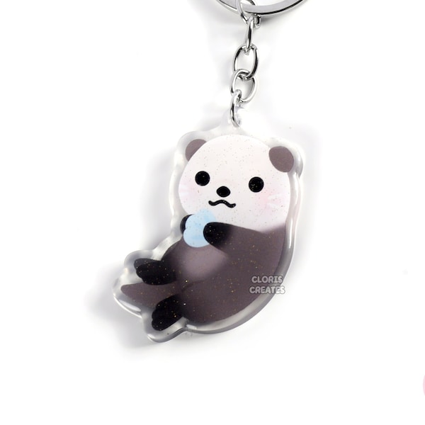 Sea Otter Acrylic Glitter Keychain | Kawaii Chibi Marine Animal Glitter Charm | Cute Cartoon Sea Creature Aquarium Souvenir Keyring Gift