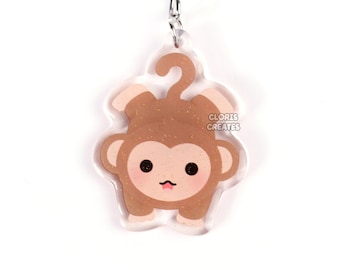 Monkey Acrylic Glitter Keychain | Kawaii Chibi Wild Primate Animal Lover Art Charm | Cute Cartoon Zoo Souvenir Wildlife Keyring Gift