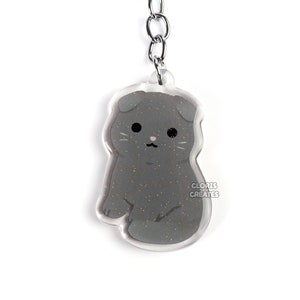 Gray Scottish Fold Cat Acrylic Pet Breed Keychain | Cartoon Chibi Animal Art Glitter Charm | Kawaii Cute Kitten Lover Memorial Gift