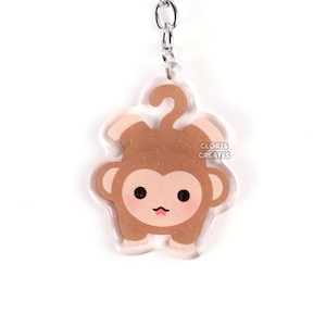 Monkey Acrylic Glitter Keychain | Kawaii Chibi Wild Primate Animal Lover Art Charm | Cute Cartoon Zoo Souvenir Wildlife Keyring Gift