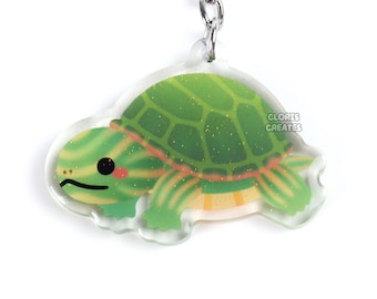 Painted Turtle Acrylic Keychain | Cartoon Kawaii Art Exotic Pet Breed Glitter Charm | Chibi Cute Reptile Critter Animal Zoo Souvenir Gift