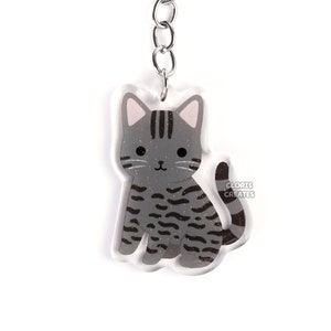Smoke Gray Tabby Cat Acrylic Pet Breed Keychain | Cartoon Chibi Animal Art Glitter Zipper Pull Charm | Kawaii Cute Kitten Loss Memorial Gift