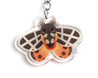 Tiger Moth Keychain | Cartoon Chibi Insect Art Lover Double-Sided Glitter Acrylic Bag Charm | Kawaii Cute Animal Bug Collector Keyring Gift