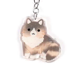 Longhaired Diluted Tortico (Tortie Calico) Cat Acrylic Pet Breed Keychain | Cartoon Chibi Animal Art Charm | Kawaii Cute Kitten Loss Gift