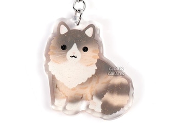 Chaveiro de acrílico com gato de pelo comprido, tortico diluído (tricolor calico) | Pingente de arte animal chibi em estilo cartoon | Presente fofo e kawaii para quem perdeu um gatinho