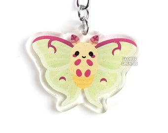 Luna Moth Keychain | Cartoon Chibi Insect Lover Double-Sided Glitter Acrylic Bag Charm | Kawaii Cute Animal Bug Collector Keyring Gift