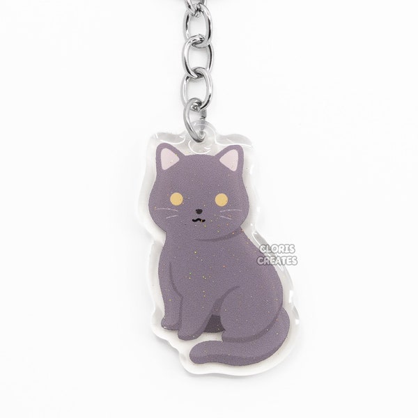 Blue British Shorthair Cat Acrylic Pet Breed Keychain | Cartoon Chibi Art Glitter Charm | Kawaii Cute Gray Kitten Lover Pet Loss Gift