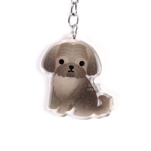 Brown Brindle Shih Tzu Dog Breed Clear Acrylic Keychain | Cartoon Kawaii Art Puppy Charm | Chibi Cute Animal Lover Pet Loss Memorial Gift