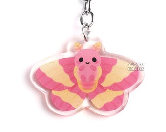 Rosy Maple Moth Keychain | Cartoon Chibi Insect Lover Double-Sided Glitter Acrylic Bag Charm | Kawaii Cute Animal Bug Collector Keyring Gift