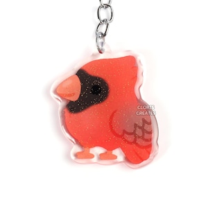 Cardinal Acrylic Bird Species Keychain | Cartoon Chibi Art Double-Sided Glitter Charm | Kawaii Cute Aviary Ornithology Animal Lover Gift
