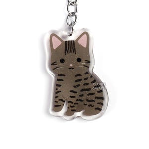 Classic Tabby Manx Cat Breed Acrylic Keychain | Cartoon Chibi Animal Art Pet portrait Glitter Charm | Kawaii Cute Kitten Loss Memorial Gift