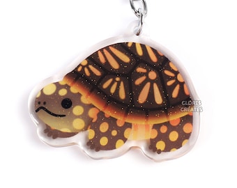 Ornate Box Turtle Acrylic Keychain | Cartoon Kawaii Art Exotic Pet Breed Glitter Charm | Chibi Cute Reptile Tortoise Critter Animal Zoo Gift
