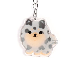 Blue Merle Tan Pomeranian Acrylic Dog Breed Keychain | Cartoon Kawaii Puppy Glitter Charm | Chibi Cute Animal Lover Pet Loss Memorial Gift